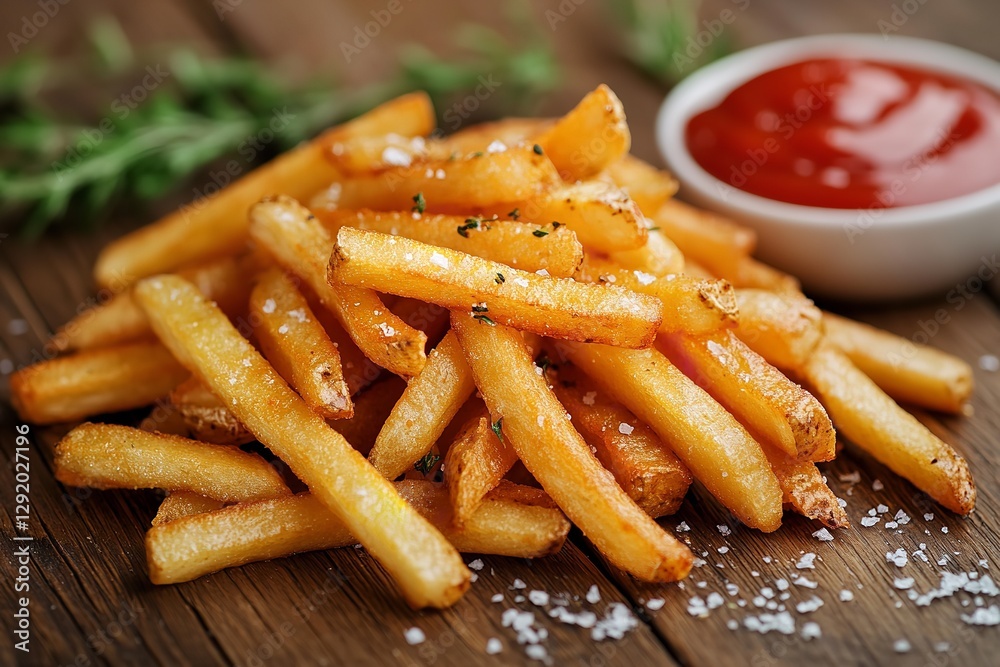 Pile of Golden French Fries on Wooden Plate with Side Dishes and Sauce, Set Against Restaurant Background Pile of Golden French Fries on Wooden Plate with Side Dishes and Sauce, Set Against Restaurant Background
