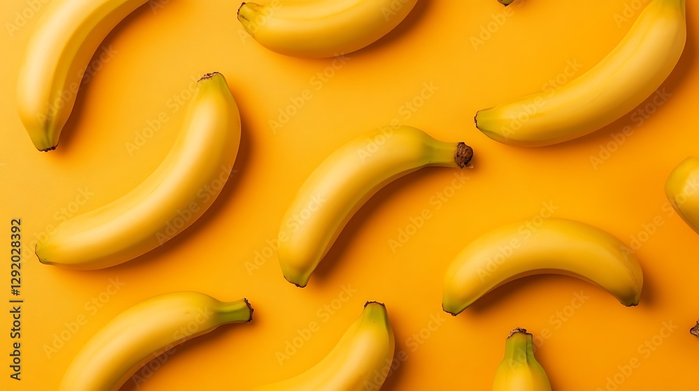 Scattered ripe bananas on bright orange backdrop for healthy food, nutrition, and diet concepts Scattered ripe bananas on bright orange backdrop for healthy food, nutrition, and diet concepts