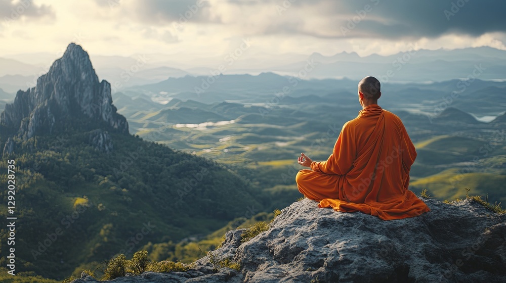 A monk meditates atop a mountain, seeking mental purification. A concept of spirituality and devotion A monk meditates atop a mountain, seeking mental purification. A concept of spirituality and devotion