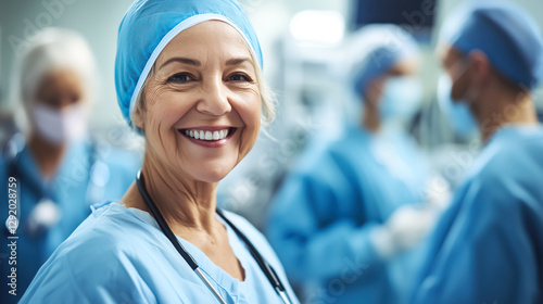 Smiling senior female surgeon in blue scrubs and a surgical cap standing confidently in an operating room with a medical team in the background