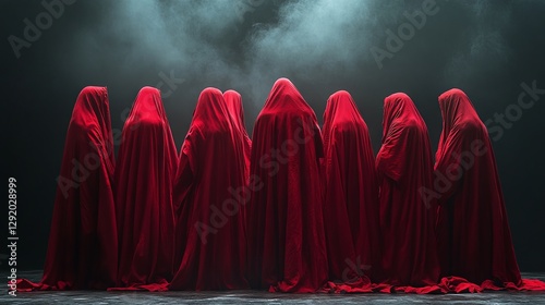Figures in red robes, resembling cult members, stand against a dark backdrop with no visible faces, embodying the concept of the occult and sects