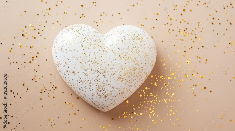 Obraz premium Heart-shaped decoration with golden glitter on a soft beige background creating a festive atmosphere for celebrations