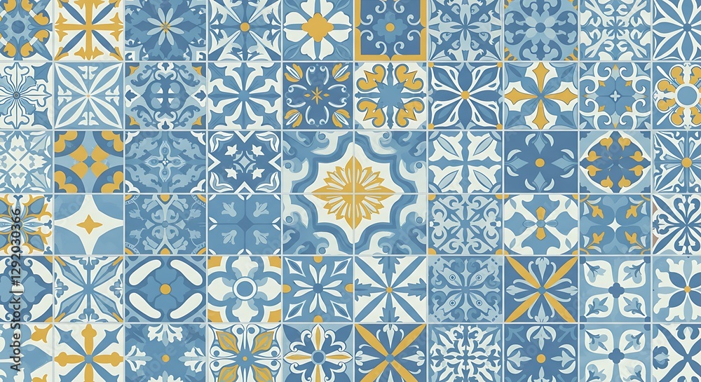 Blue and Yellow Decorative Tiles Pattern Design Interior Decoration Background Seamless Blue and Yellow Decorative Tiles Pattern Design Interior Decoration Background Seamless