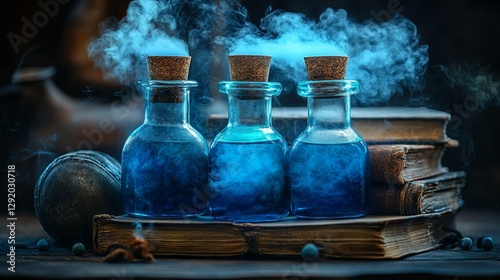 A collection of spellbooks and a blue magic potion with swirling smoke. Mana elixir. The concept of magic and wizardry photo