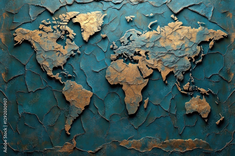 Obraz premium 3D embossed world map on teal textured background. Ideal for travel, global concepts, and design projects.
