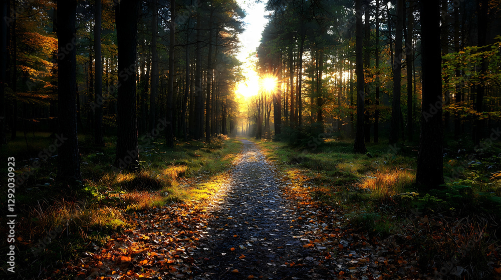 Sunlit forest path at sunrise, autumn leaves, misty background; nature scene Sunlit forest path at sunrise, autumn leaves, misty background; nature scene