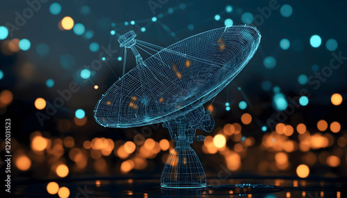 Holographic projection of a satellite dish collecting data, on a blurred background with bokeh effect