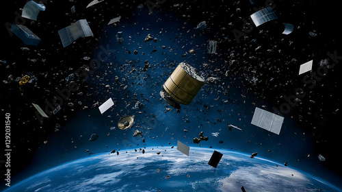 Scene that simulates space junk orbiting near Earth
