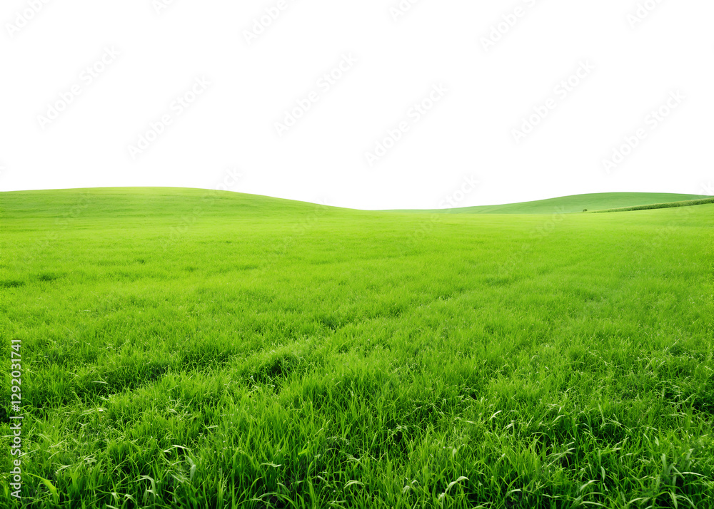 Obraz premium Green grassland landscape on white, peaceful grassland on white background, Cut Out