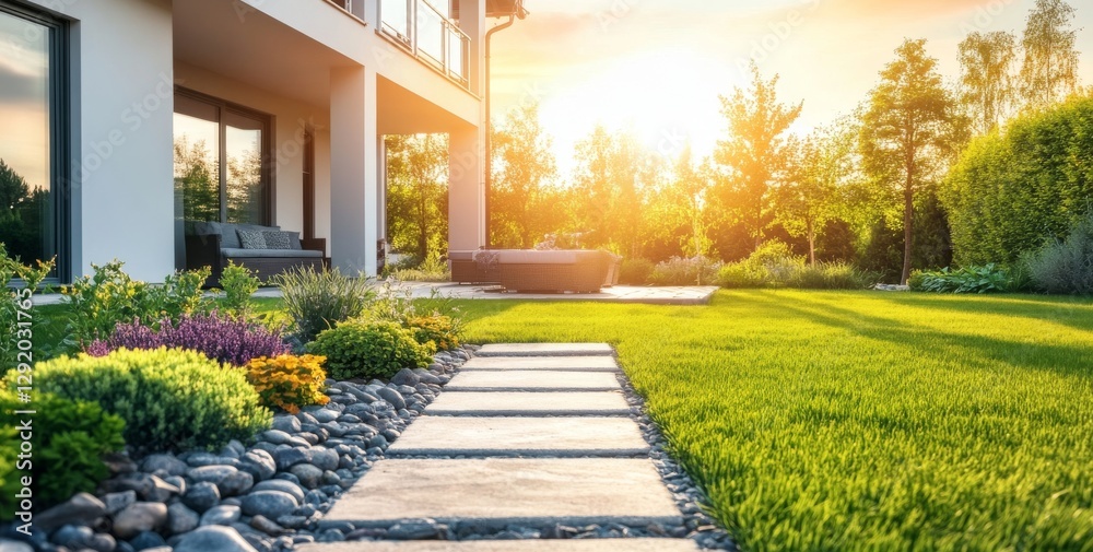 Fototapeta premium The scene depicts a stunning private garden with a well-manicured lawn and flowerbed, complete with deciduous shrubs, a path to the house, and a warm sunset glow in the background, achieved through