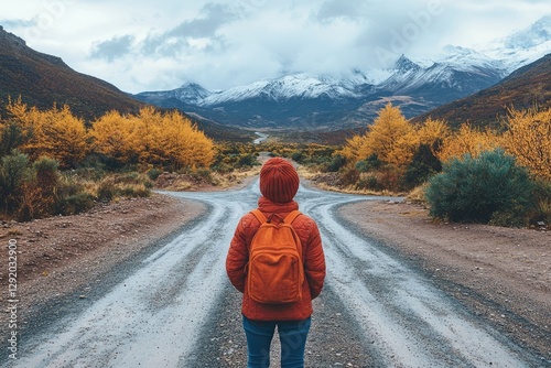 Person with backpack stands at a fork in a road, autumnal mountain scenery in the background. Illustrates decision-making, choices, and journey concepts.