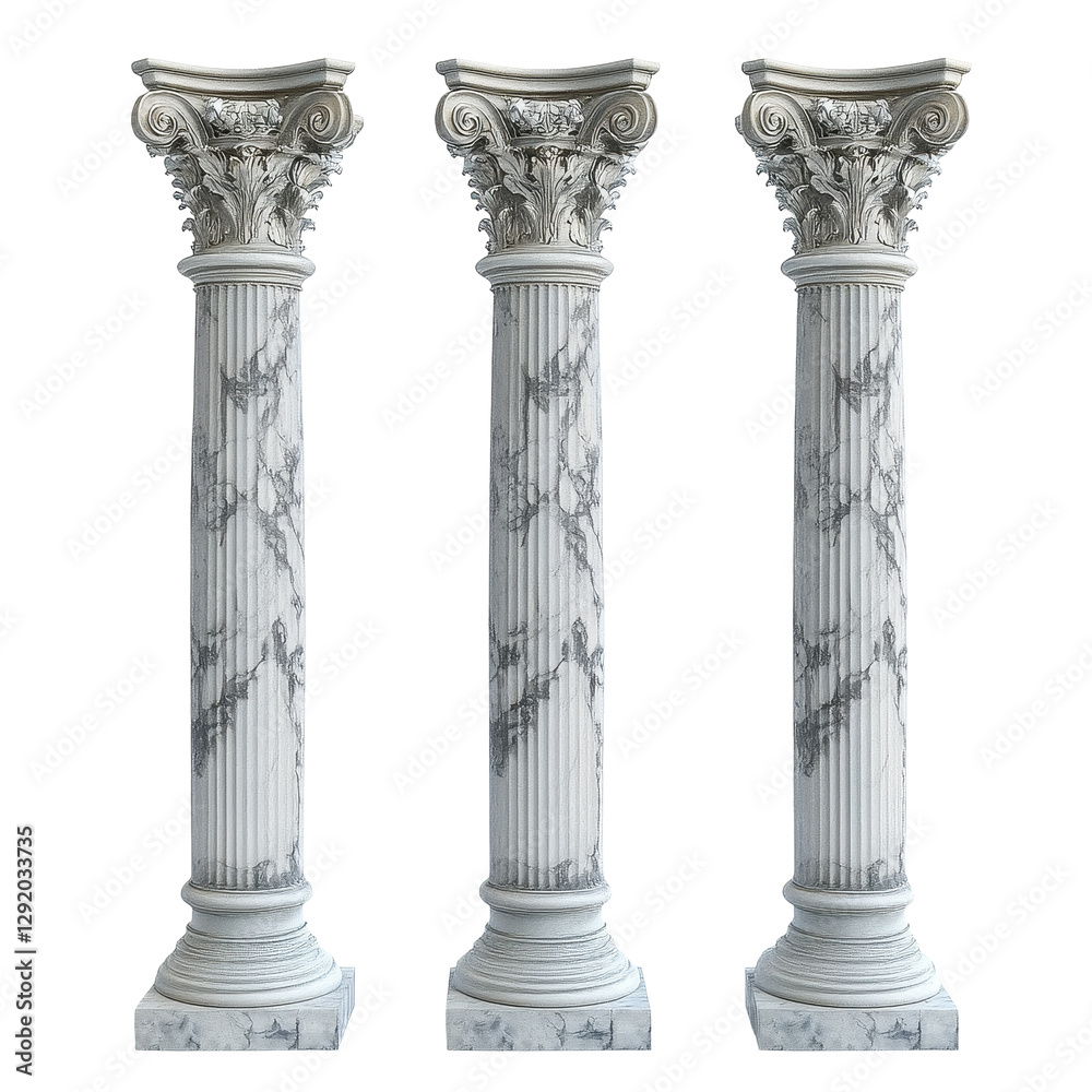 Three classical columns with intricate designs isolated on a Transparent background showcasing elegant architectural elements, columns pillars isolated on PNG background Three classical columns with intricate designs isolated on a Transparent background showcasing elegant architectural elements, columns pillars isolated on PNG background