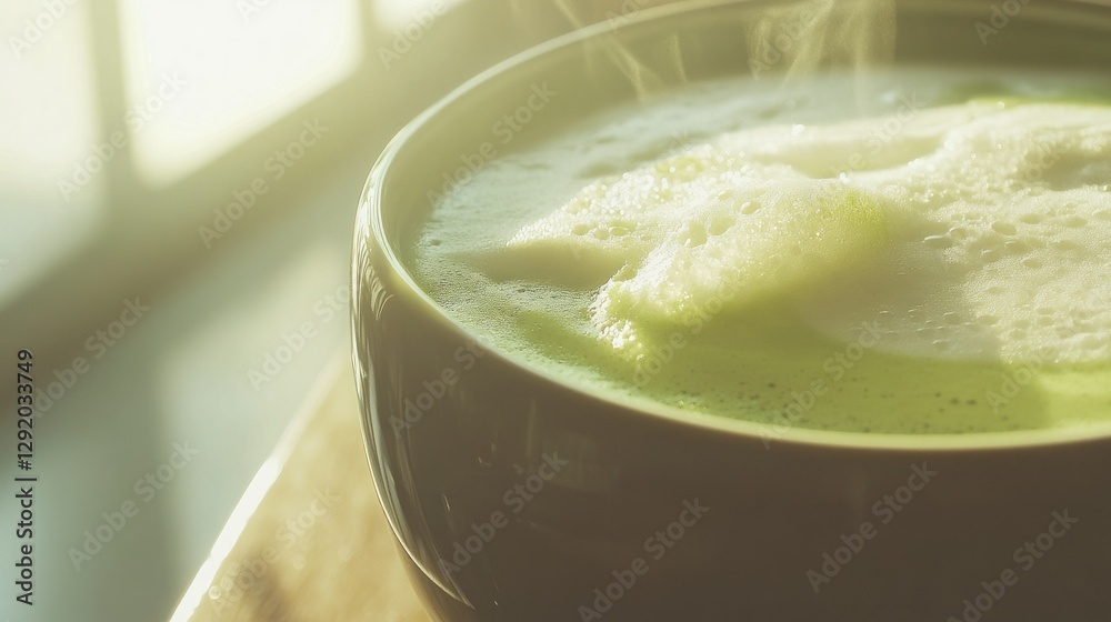 Warm matcha latte in a bowl, sunlight through window, cafe Warm matcha latte in a bowl, sunlight through window, cafe