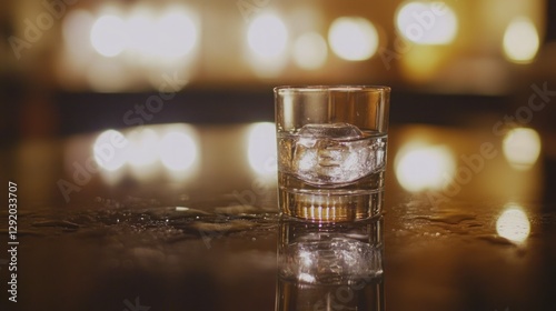 Ice cubes in shot glass on bar counter, night lights background photo