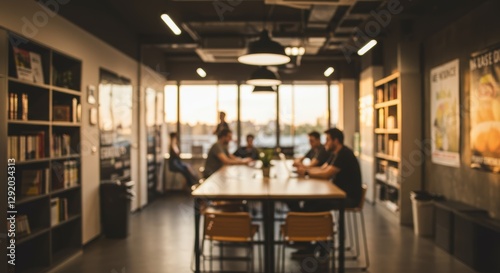 Blurred view, collaborative workspace with warm light and focused interaction