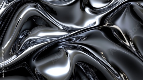 Abstract metallic waves with glossy texture reflecting light in a dynamic, fluid motion
