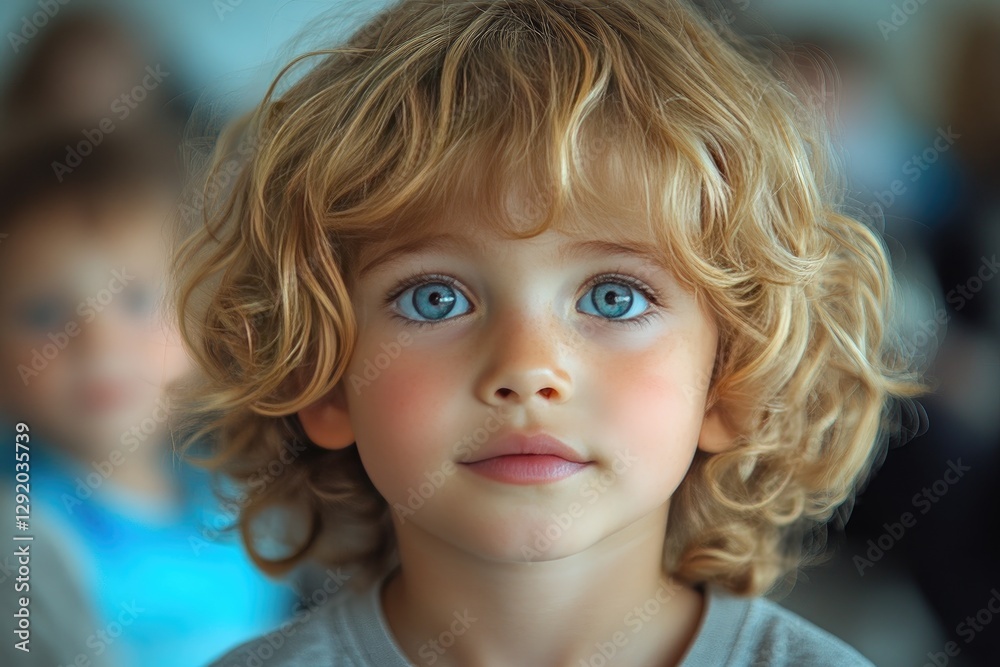 Adorable toddler with blond curly hair and bright blue eyes. Perfect for projects needing a cute, innocent child image. Adorable toddler with blond curly hair and bright blue eyes. Perfect for projects needing a cute, innocent child image.