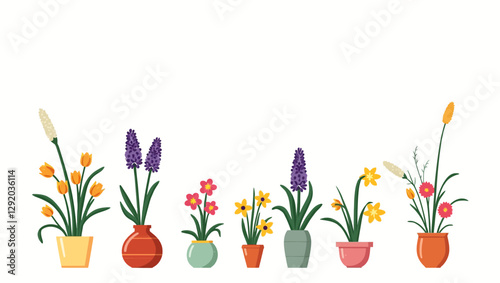 A modern vector illustration of potted spring flowers in a clean and simple arrangement, perfect for botanical designs, home decor, and gardening themes.