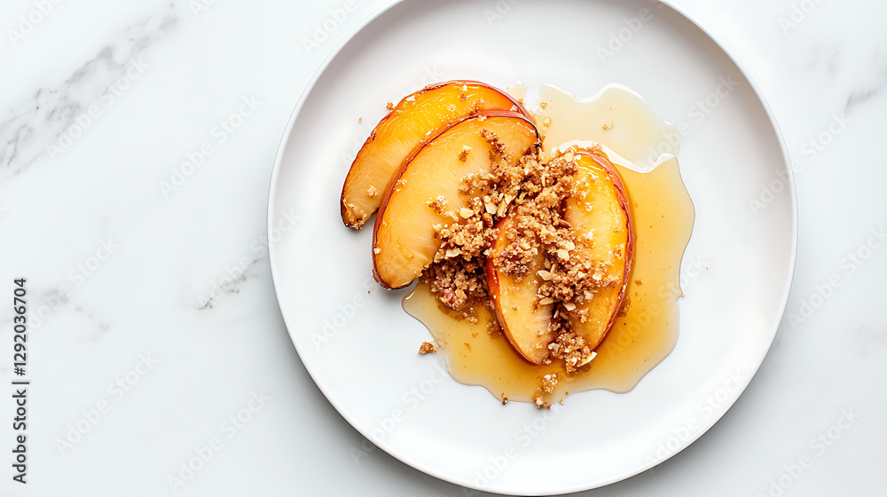 Elegant dessert featuring sliced peaches with crumble topping and a sweet sauce, presented on a white plate against a white marble background. Elegant dessert featuring sliced peaches with crumble topping and a sweet sauce, presented on a white plate against a white marble background.