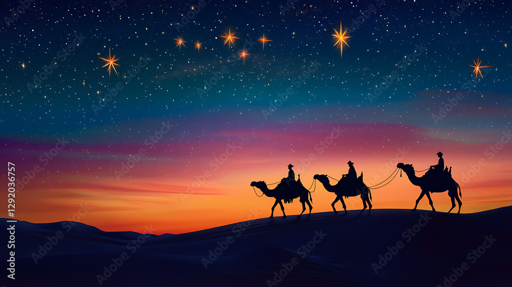 Fototapeta premium Three silhouettes of camel riders traversing a desert landscape at sunset under a starry sky. Desert Caravan Under Stars. Illustration