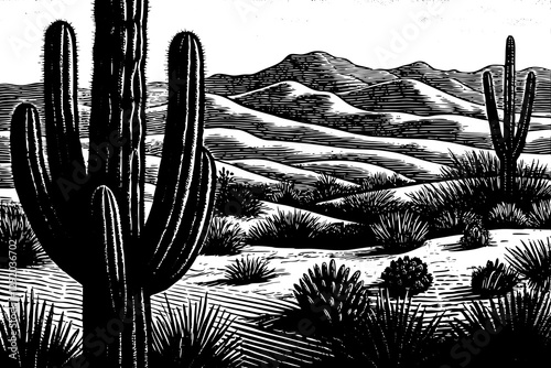 hot desert with cactus landscape black and white hand drawn sketch	