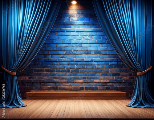 small stage concept with blue curtain and modern brick wall theater or stand up comedy background