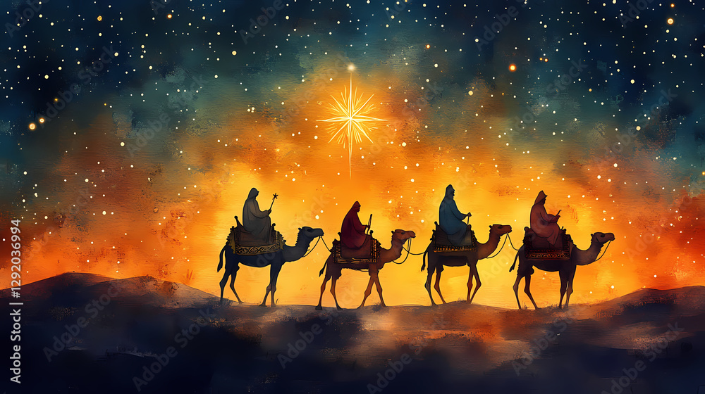 Three wise men journeying on camels under the star of bethlehem, symbolizing the birth of jesus in a serene watercolor style with warm tones. Desert Caravan Under Stars. Illustration Three wise men journeying on camels under the star of bethlehem, symbolizing the birth of jesus in a serene watercolor style with warm tones. Desert Caravan Under Stars. Illustration