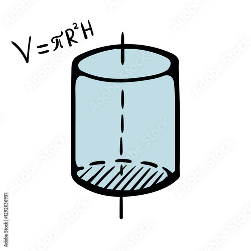 Construction and mathematical formula of the volume of a cylinder. Color Vector Illustration for Sticker, Print, Book