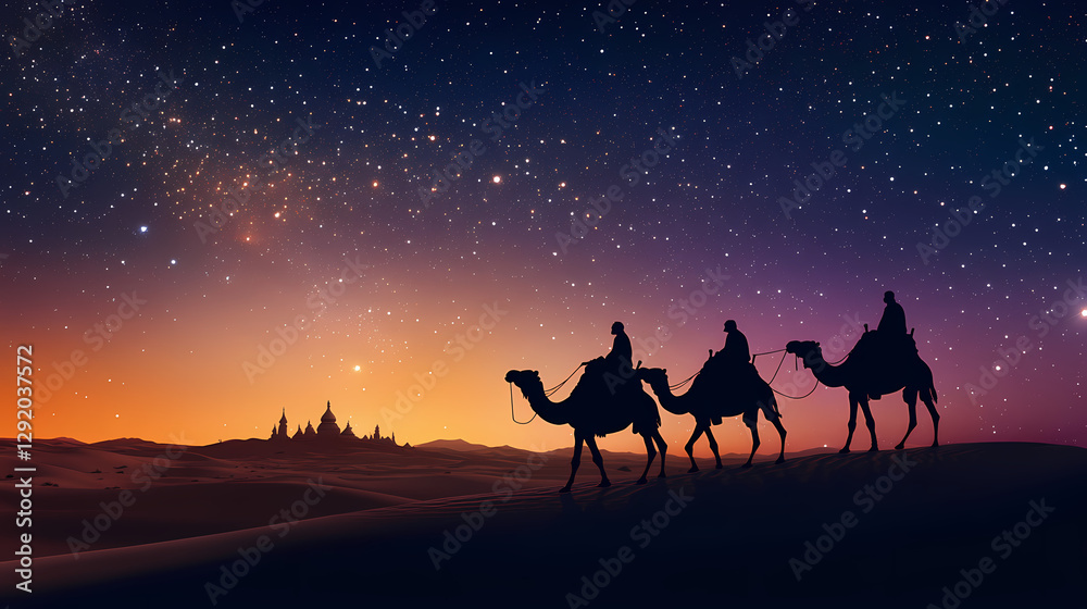 Travelers on camels under a starry sky embarking on a historic journey at night. Desert Caravan Under Stars. Illustration Travelers on camels under a starry sky embarking on a historic journey at night. Desert Caravan Under Stars. Illustration