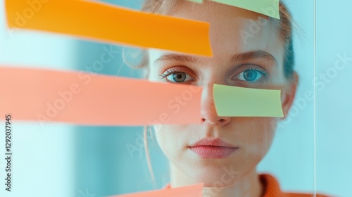 Young Woman Reflecting on Sticky Notes in Modern Workspace Setting