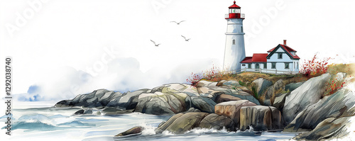 Illustration of Peggy’s Cove lighthouse in a serene watercolor scene of the Atlantic coast