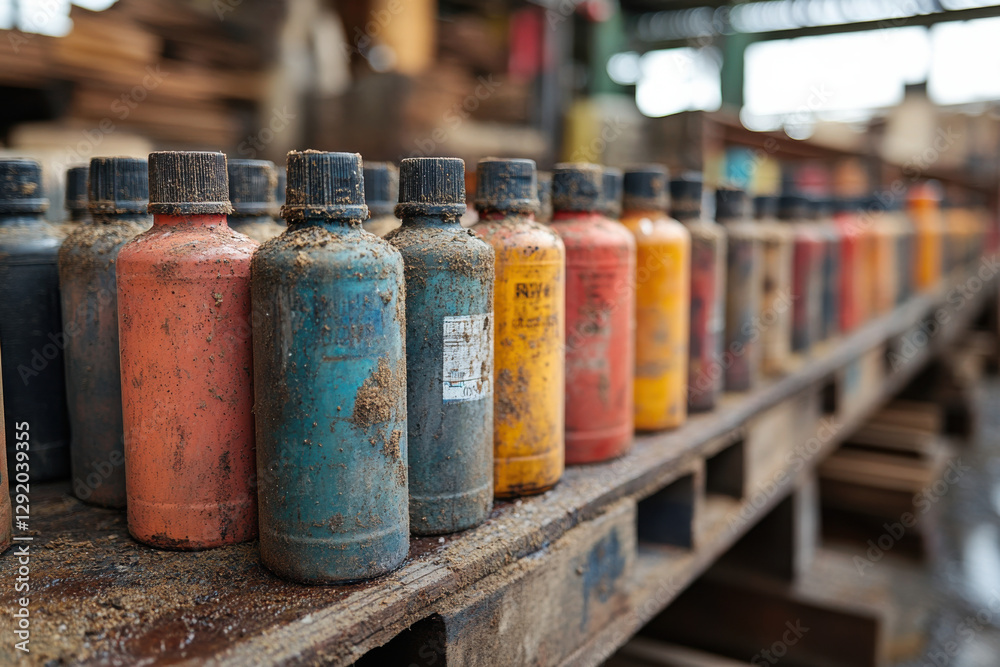A row of dirty bottles with different colors and sizes A row of dirty bottles with different colors and sizes