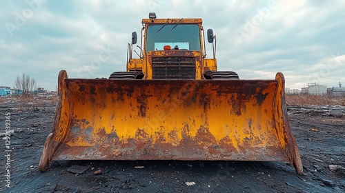 Rusty bulldozer blade close-up shot, showing texture and wear. Ideal for construction, industry, or abandonment themes.