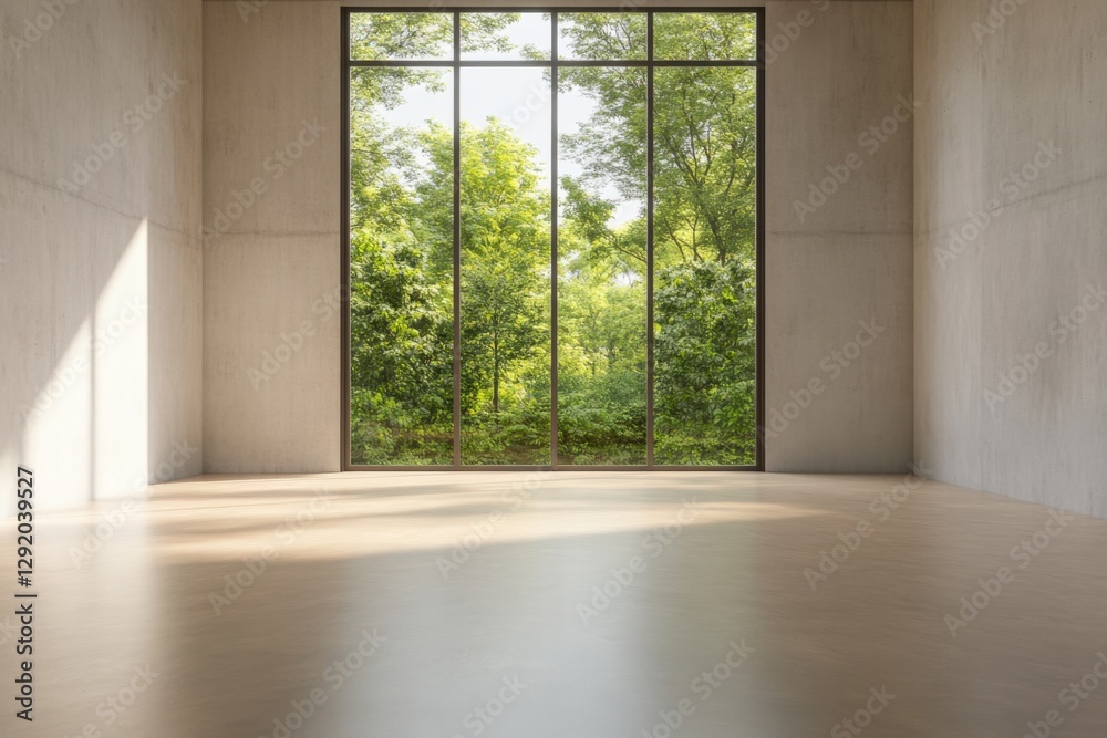 empty room with large window overlooking forest