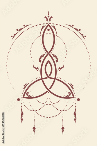 Celtic Motherhood Knot set icon. Sacred Mystical Mother symbol, Trinity Boho Style Interlaced sign. Henna Tattoo tattoo, vector illustration Line Art isolated on vintage background.