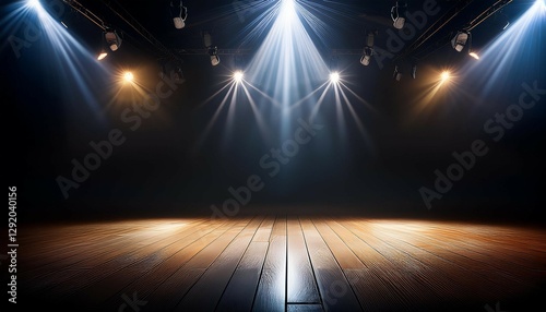 soft dramatic stage lights shining from above with dark background and illuminated floor area providing ample copy space