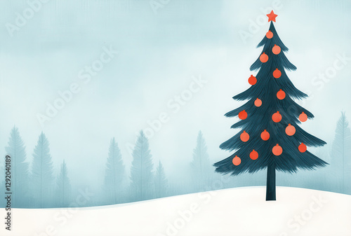 Minimalist digital illustration of a decorated Christmas tree in a snowy winter landscape
