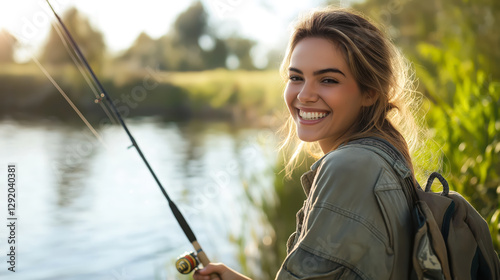 Smiling young woman with a fishing rod and backpack enjoying a peaceful day by the lake, surrounded by lush greenery and warm sunlight