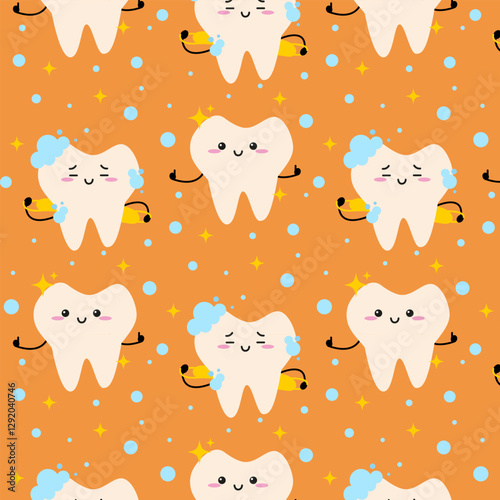 Vector seamless pattern with cute Teeth with Foam cartoon character in bubble on orange background children dental Illustration