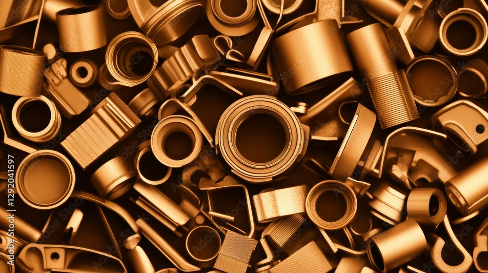 Close-up of various metallic components arranged artistically, showcasing texture and color Close-up of various metallic components arranged artistically, showcasing texture and color