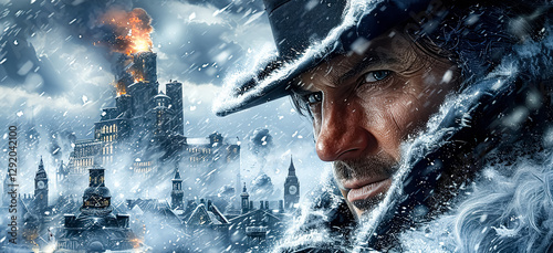Mysterious Man in Snowy Victorian City with Burning Tower