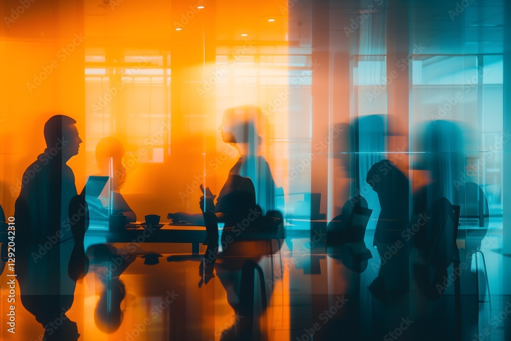 Abstract Silhouettes of People Moving in a Colorful Modern Interior Design, Board meeting. High quality photo Abstract Silhouettes of People Moving in a Colorful Modern Interior Design, Board meeting. High quality photo