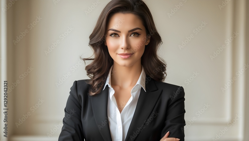 A professional portrait of a young woman in business attire, exuding confidence while making direct eye contact with the lens. A professional portrait of a young woman in business attire, exuding confidence while making direct eye contact with the lens.