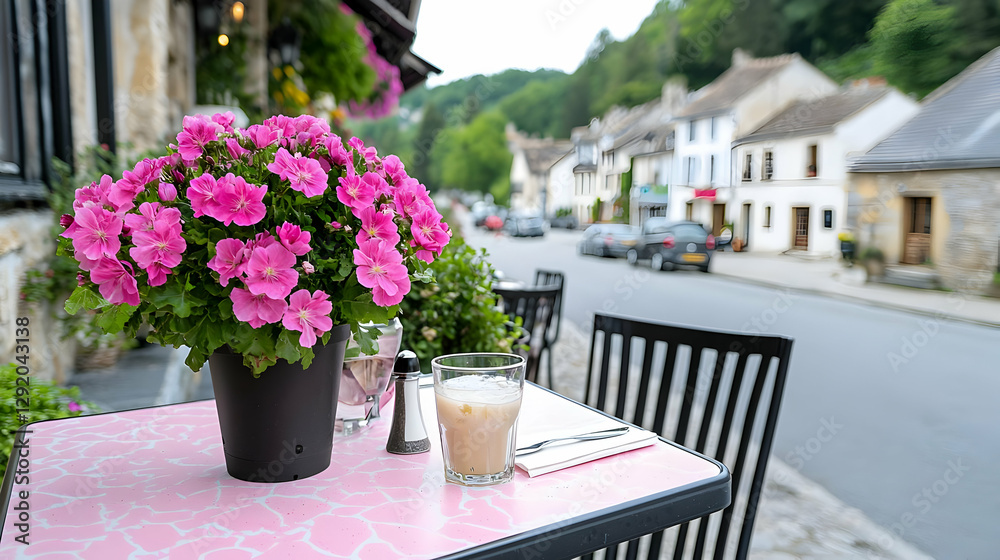 Fototapeta premium Pink flowers, cafe table, French village street, summer