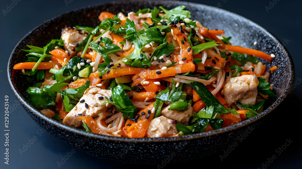 Delicious chicken and vegetable noodle bowl, healthy meal Delicious chicken and vegetable noodle bowl, healthy meal
