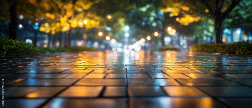 Naklejka premium Wet sidewalk with reflections and a glossy surface after rain in an urban environment