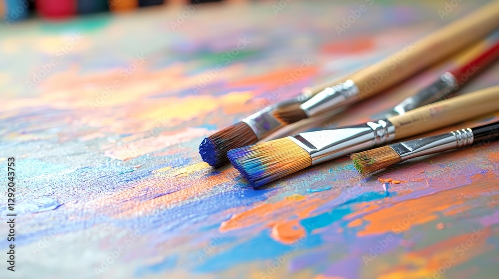 Obraz premium Colorful paint splashes with various brushes resting on a vibrant canvas, showcasing artistic creativity