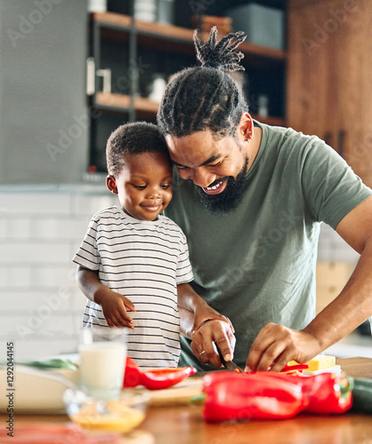 child family kitchen food boy son mother father meal preparing healthy diet eating home black african american father lunch dinner ingredient cooking chopping knife
