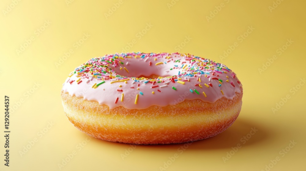 3D vector icon of a vanilla-glazed donut with colorful sprinkles, realistic textures and shadows, pastel yellow background 3D vector icon of a vanilla-glazed donut with colorful sprinkles, realistic textures and shadows, pastel yellow background