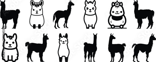 Llama silhouettes set, alpaca pack of vector silhouette design, isolated background